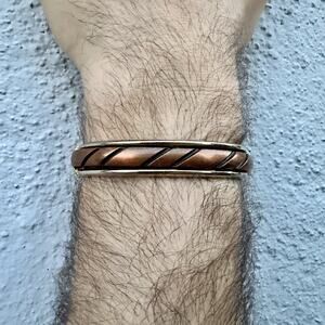 Vintage Copper & Silver Tone Clamper Bracelet Bangle Mens Unisex Hinged Stripe
